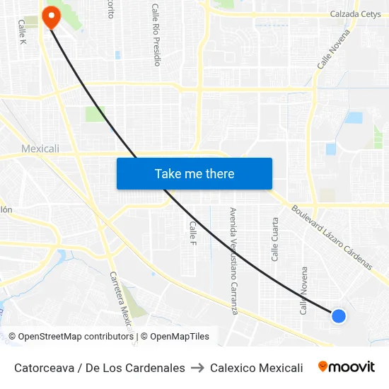 Catorceava / De Los Cardenales to Calexico Mexicali map