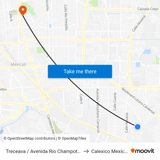 Treceava / Avenida Río Champotón to Calexico Mexicali map
