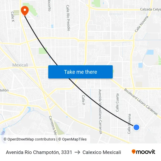 Avenida Río Champotón, 3331 to Calexico Mexicali map