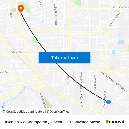 Avenida Río Champotón / Onceava to Calexico Mexicali map