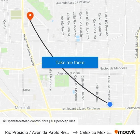 Río Presidio / Avenida Pablo Rivera to Calexico Mexicali map