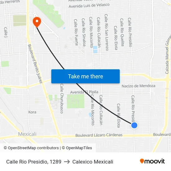 Calle Rio Presidio, 1289 to Calexico Mexicali map