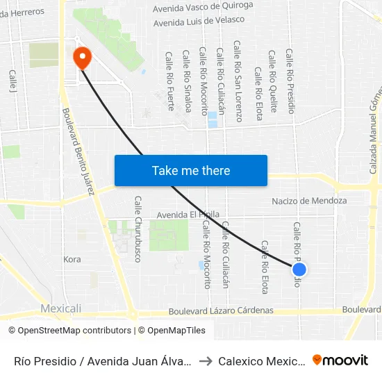 Río Presidio / Avenida Juan Álvarez to Calexico Mexicali map