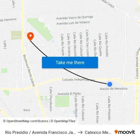Río Presidio / Avenida Francisco Javier Mina to Calexico Mexicali map