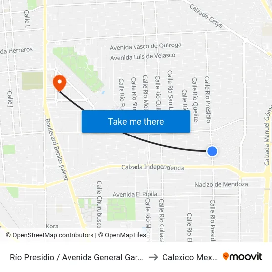 Río Presidio / Avenida General Garmendia to Calexico Mexicali map