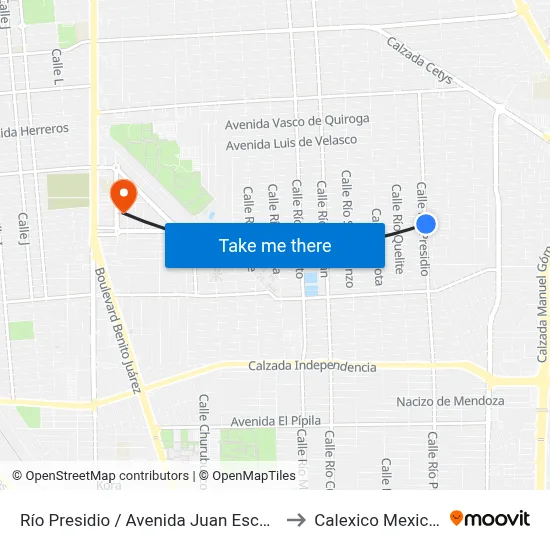 Río Presidio / Avenida Juan Escutia to Calexico Mexicali map