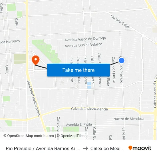 Río Presidio / Avenida Ramos Arizpe to Calexico Mexicali map