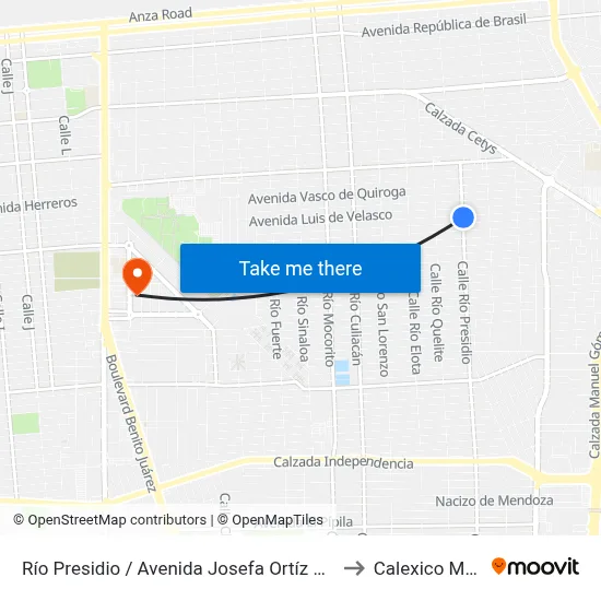 Río Presidio / Avenida Josefa Ortíz De Domínguez to Calexico Mexicali map