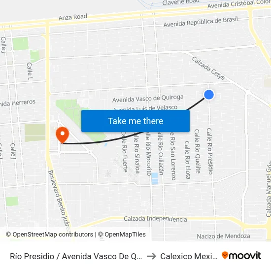 Río Presidio / Avenida Vasco De Quiroga to Calexico Mexicali map