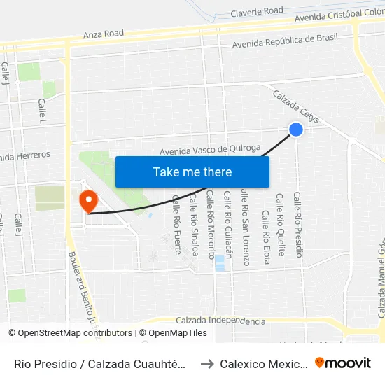 Río Presidio / Calzada Cuauhtémoc to Calexico Mexicali map