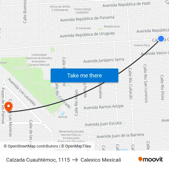 Calzada Cuauhtémoc, 1115 to Calexico Mexicali map