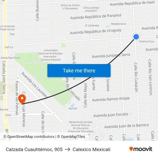 Calzada Cuauhtémoc, 905 to Calexico Mexicali map