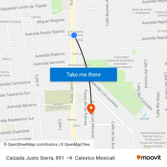 Calzada Justo Sierra, 891 to Calexico Mexicali map