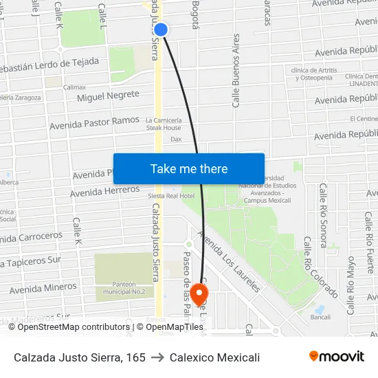 Calzada Justo Sierra, 165 to Calexico Mexicali map