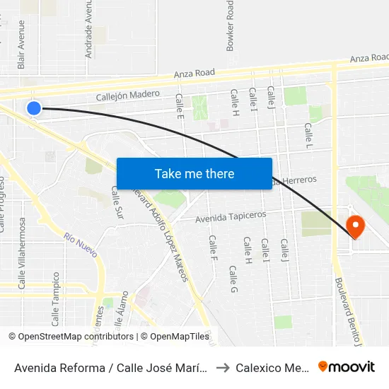Avenida Reforma / Calle José María Morelos to Calexico Mexicali map