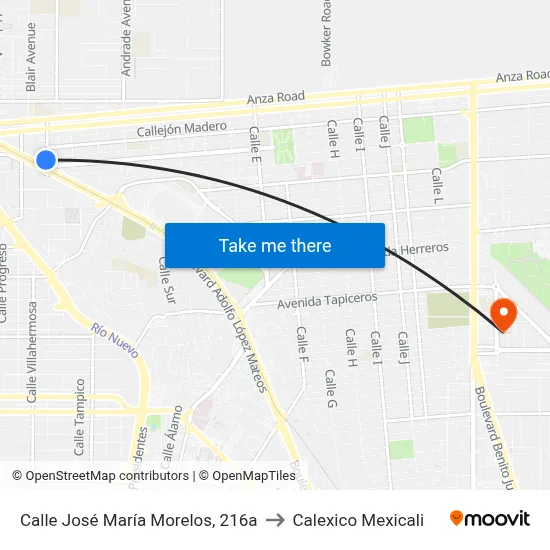 Calle José María Morelos, 216a to Calexico Mexicali map