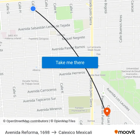 Avenida Reforma, 1698 to Calexico Mexicali map