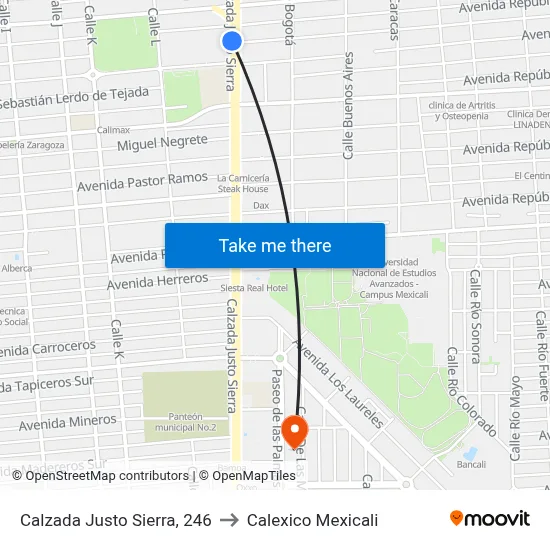 Calzada Justo Sierra, 246 to Calexico Mexicali map