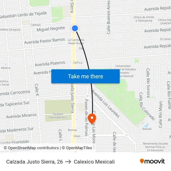 Calzada Justo Sierra, 26 to Calexico Mexicali map