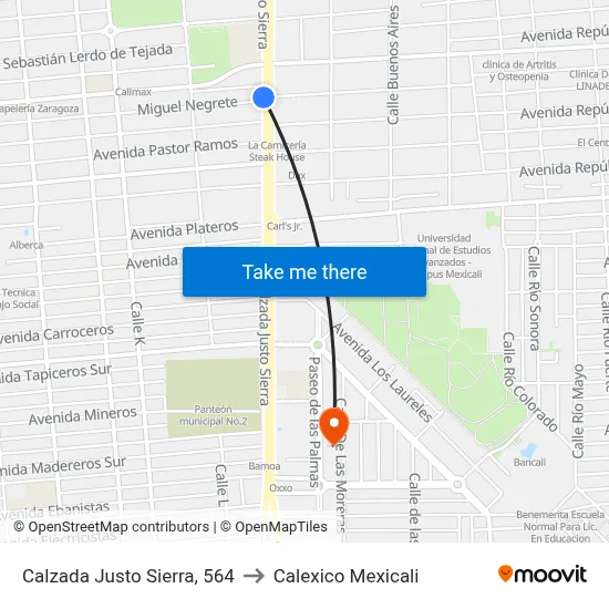 Calzada Justo Sierra, 564 to Calexico Mexicali map