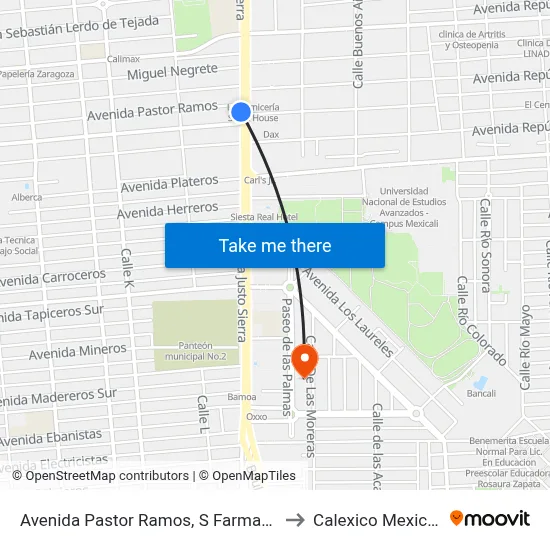 Avenida Pastor Ramos, S Farmacia to Calexico Mexicali map
