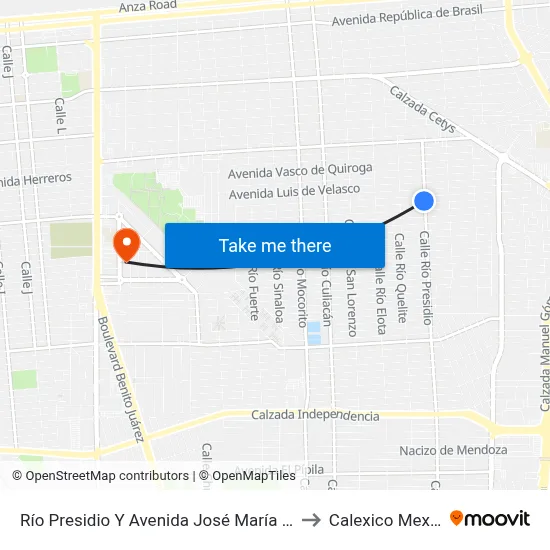 Río Presidio Y Avenida José María Aguayo to Calexico Mexicali map