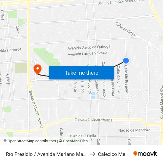 Río Presidio / Avenida Mariano Matamoros to Calexico Mexicali map