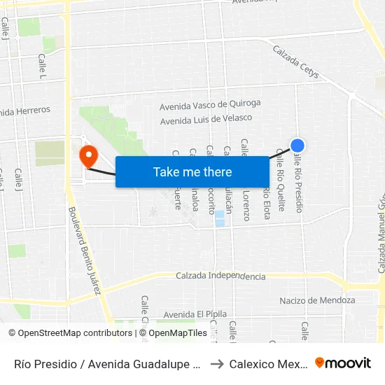 Río Presidio / Avenida Guadalupe Victoria to Calexico Mexicali map