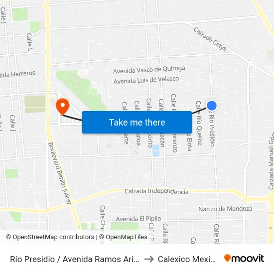 Río Presidio / Avenida Ramos Arizpe to Calexico Mexicali map