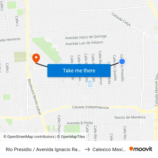 Río Presidio / Avenida Ignacio Ramírez to Calexico Mexicali map