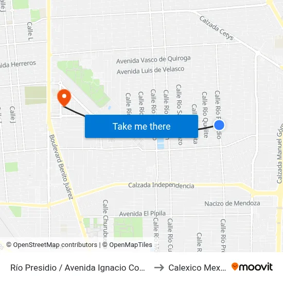 Río Presidio / Avenida Ignacio Comonfort to Calexico Mexicali map