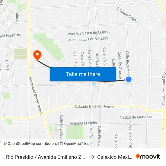 Río Presidio / Avenida Emiliano Zapata to Calexico Mexicali map