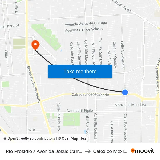 Río Presidio / Avenida Jesús Carranza to Calexico Mexicali map