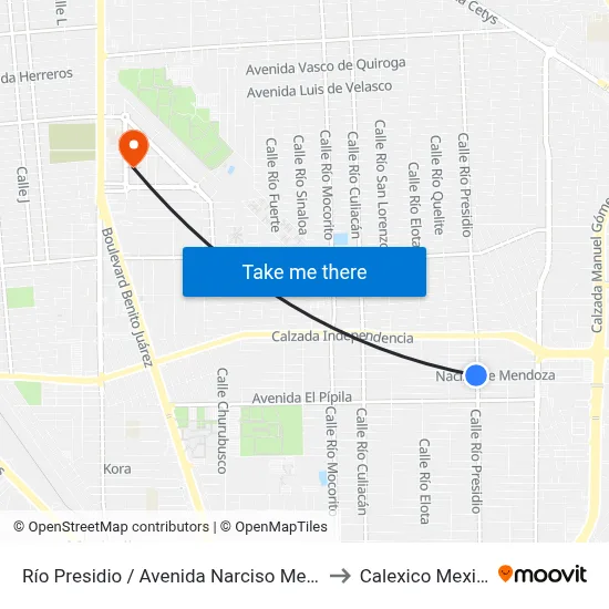 Río Presidio / Avenida Narciso Mendoza to Calexico Mexicali map