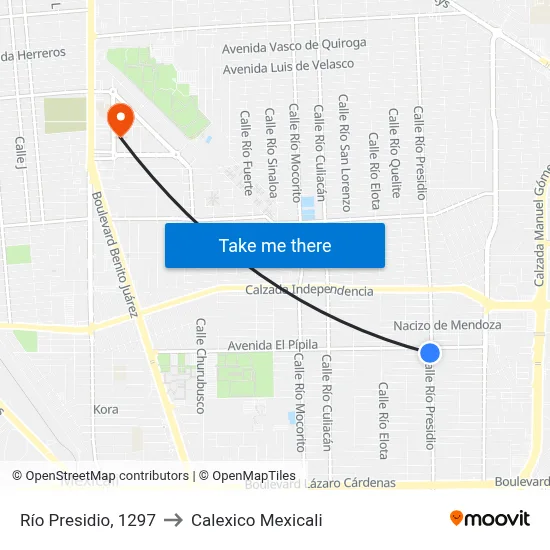 Río Presidio, 1297 to Calexico Mexicali map