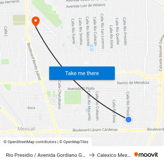 Río Presidio / Avenida Gordiano Guzmán to Calexico Mexicali map