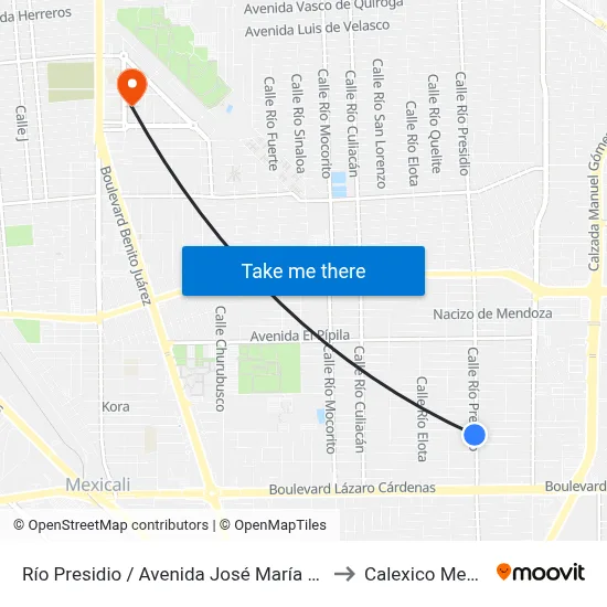 Río Presidio / Avenida José María Jiménez to Calexico Mexicali map