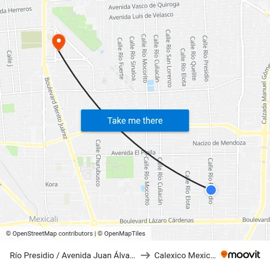 Río Presidio / Avenida Juan Álvarez to Calexico Mexicali map