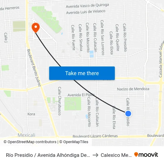 Río Presidio / Avenida Alhóndiga De Granaditas to Calexico Mexicali map