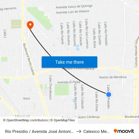 Río Presidio / Avenida José Antonio Torres to Calexico Mexicali map