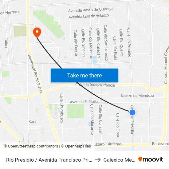 Río Presidio / Avenida Francisco Primo Verdad to Calexico Mexicali map