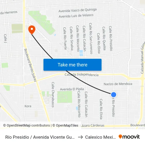 Río Presidio / Avenida Vicente Guerrero to Calexico Mexicali map