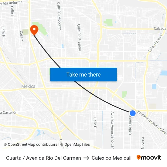 Cuarta / Avenida Río Del Carmen to Calexico Mexicali map