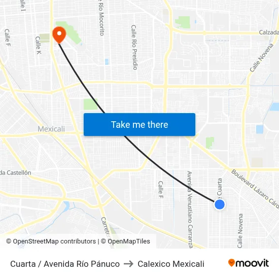 Cuarta / Avenida Río Pánuco to Calexico Mexicali map