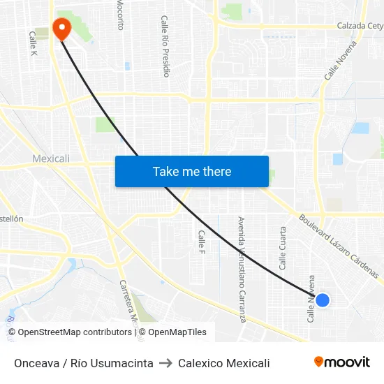 Onceava / Río Usumacinta to Calexico Mexicali map
