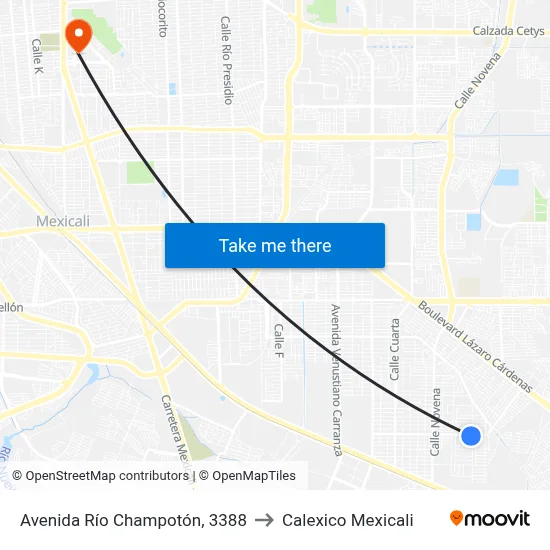 Avenida Río Champotón, 3388 to Calexico Mexicali map