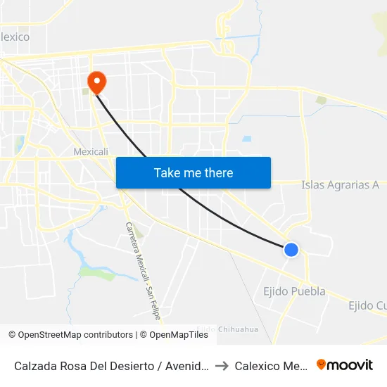 Calzada Rosa Del Desierto / Avenida Larimar to Calexico Mexicali map