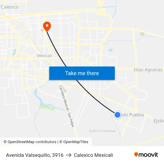 Avenida Valsequillo, 3916 to Calexico Mexicali map