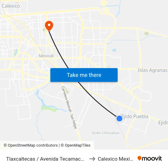 Tlaxcaltecas / Avenida Tecamachalco to Calexico Mexicali map