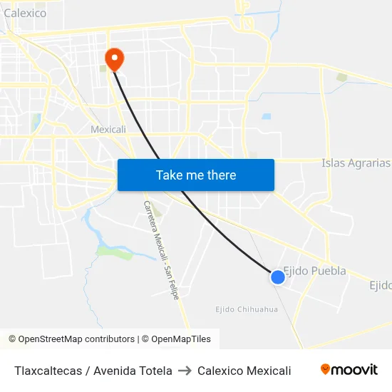 Tlaxcaltecas / Avenida Totela to Calexico Mexicali map